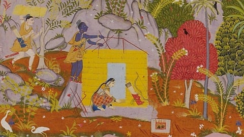 A depiction of Rama, Sita and Lakshmana setting up their hut using kusa grass in Panchvati