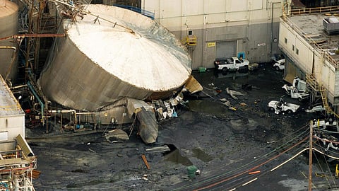 A drone view of a chemical tank after its rupture at the Nippon Dynawave Packaging pulp and paper mill in Longview, Washington, U.S., May 26, 2026.