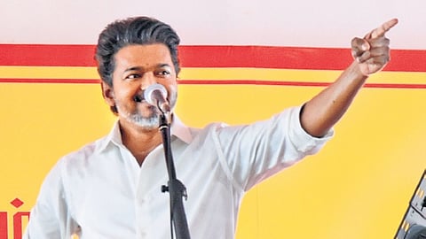 Tamil Nadu CM C Joseph Vijay addressing thanksgiving meet for voters in Tiruchy