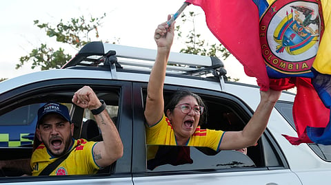 Supporters of presidential candidate Abelardo de la Espriella of the Defenders of the Motherland movement celebrate after the candidate advanced to a runoff election in Barranquilla, Colombia, Sunday, May 31, 2026