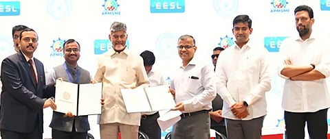 Chief Ministry of AP Shri. N Chandra Babu Naidu is handing over work order to EESL in the presence of Ministers T.G Bharat, K. Srinivas, and Dr. N Yuvaraj Secretary Industries and commerce, M. Viswa CEO, AP MSME â?" DC during MSME Growth Summit.
