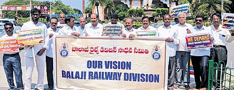Balaji Sadhana Samithi members and civic society activists protest at Alipiri demanding Balaji Railway Division with Tirupati as headquaters, on Monday
