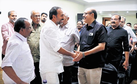 Cultural Affairs Minister P C Vishnunadh during the meeting with leaders of various film industry organisations in Thiruvananthapuram on Tuesday