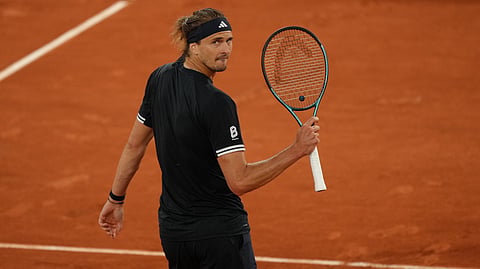 Germany's Alexander Zverev reacts after winning the quarterfinal tennis match against Spain's Rafael Jodar at the French Open in Paris, Tuesday, June 2, 2026.