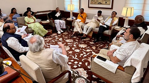 Congress President and Rajya Sabha LoP Mallikarjun Kharge and Congress MP and Lok Sabha LoP Rahul Gandhi during a meeting with INDIA alliance MPs, at the Parliament House, in New Delhi.