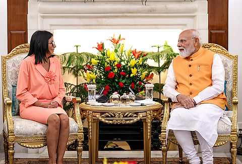 In this image released on June 4, 2026, Prime Minister Narendra Modi during a bilateral meeting with Venezuela's Acting President Delcy Rodriguez at the Hyderabad House, in New Delhi.