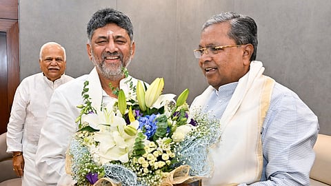 Karnataka Chief Minister DK Shivakumar with former Chief Minister Siddaramaiah.