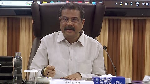 In this photo from May 28, 2026, Union Education Minister Dharmendra Pradhan holds a meeting with CBSE officials in New Delhi.