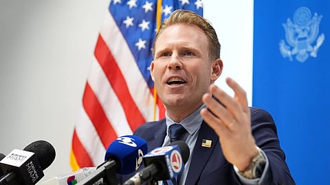 Andrew Giuliani, head of the The White House Task Force on the FIFA World Cup 2026, speaks to the press during a briefing, Thursday, June 4, 2026, in Miami, about security for the World Cup soccer tournament.