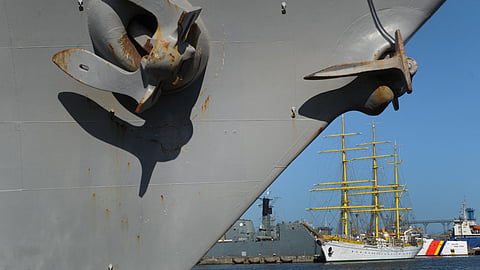 Romanian military and training vessels docked in a Black Sea harbour port.