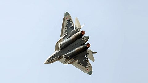 In this photo from Feb. 14, 2025, Russia's Sukhoi Su-57 stealth fighter aircraft hits the skies during the 'Aero India 2025' airshow at Yelahanka Air Force Station in Bengaluru.