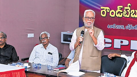 Former Supreme Court judge Justice B Sudershan Reddy speaks during a round-table meeting organised by the CPI in Hyderabad on Thursday.