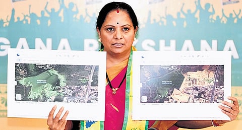 Telangana Rakshana Sena president K Kavitha addresses a press conference at the party office in Banjara Hills, Hyderabad, on Saturday