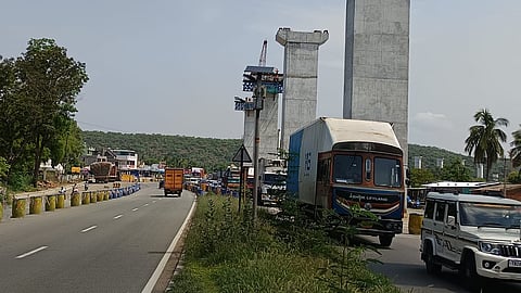 A file picture of the ongoing construction works in the Thoppur ghat road for the elevated highway project.
