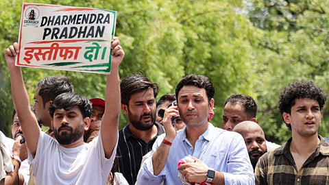 Cockroach Janta Party (CJP) founder Abhijeet Dipke, its spokesperson Saurav Das, and others, during a protest demanding the resignation of Union Education Minister Dharmendra Pradhan over alleged examination-related lapses, at the Jantar Mantar, in New Delhi, Saturday, June 6, 2026.