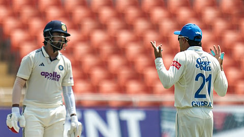 India's KL Rahul, left, looks on as Afghanistan's Rahmanullah Gurbaz reacts on day one of a Test cricket match between India and Afghanistan, in Mullanpur, Saturday, June 6, 2026.