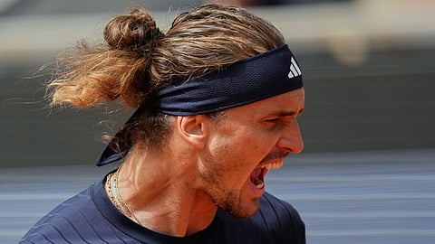 Germany's Alexander Zverev reacts during the semifinal tennis match against Czech Republic's Jakub Mensik at the French Open in Paris, Friday, June 5, 2026.