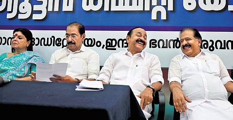 AICC general secretary Deepa Dasmunsi, KPCC chief Sunny Joseph, Chief Minister V D Satheesan and Home Minister Ramesh Chennithala at the KPCC executive committee meeting at Indira Bhavan in Thiruvananthapuram on Saturday. The meeting discussed key organisational and political issues facing party.