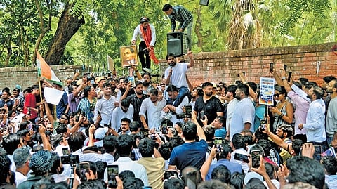 Supporters raised slogans at Jantar Mantar against NEET paper leaks and other issues affecting students.