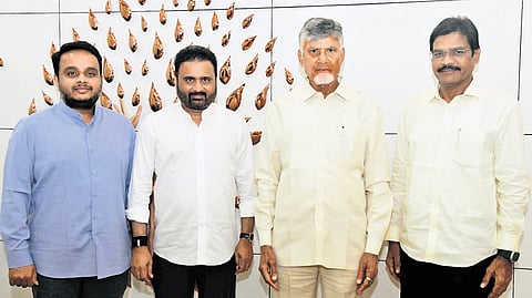 TDP Rajya Sabha candidates Sana Satish Babu, Bhashyam Rama Krishna and Chintakayala Vijay with CM N Chandrababu Naidu on Saturday.
