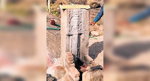 The sacrificial altar and the Kalabhairava idol atop the hill in Jagtial district.