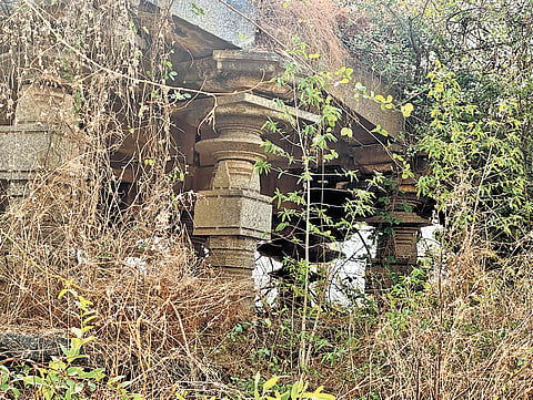 Collapsed doorways, fallen roof slabs and dislocated pillars mark the dilapidated state of the Shiva temple at Sanigaram village in Nallabelli mandal of Warangal district
