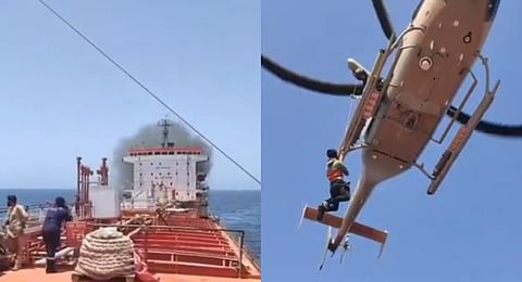 Images posted on social media by the Forward Seamen's Union of India showed crew members being winched from the vessel by helicopter as thick black smoke billowed from its bridge and accommodation cabins.