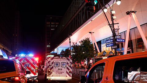 Emergency vehicles are seen outside Penn Station after a stabbing incident in New York on June 7, 2026.