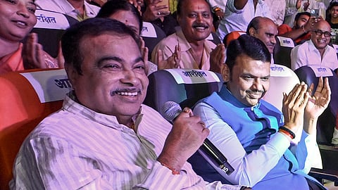 Union Minister Nitin Gadkari, left, and Maharashtra Chief Minister Devendra Fadnavis during the 'Khaasdar Krida Mahotsav 2026', in Nagpur, Maharashtra, Sunday, June 7, 2026.
