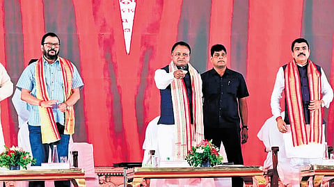 Chief Minister Mohan Charan Majhi launching the 204 Godabarish Mishra Adarsha Prathamika Vidyalayas at a function in Khurda on Sunday