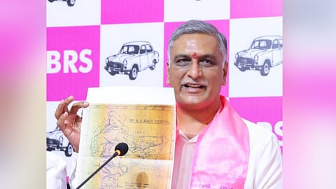 BRS MLA T Harish Rao speaks during a press meet at Telangana Bhavan in Hyderabad