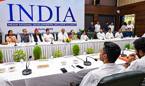 Congress President Mallikarjun Kharge, Lok Sabha LoP Rahul Gandhi, Samajwadi Party MP Akhilesh Yadav, NCP (SP) MP Supriya Sule, JKNC leader Omar Abdullah, RJD leader Tejashwi Yadav, TMC supremo Mamata Banerjee, JKPD leader Mehbooba Mufti and others during the INDIA bloc meeting, in New Delhi, Monday, June 8, 2026.