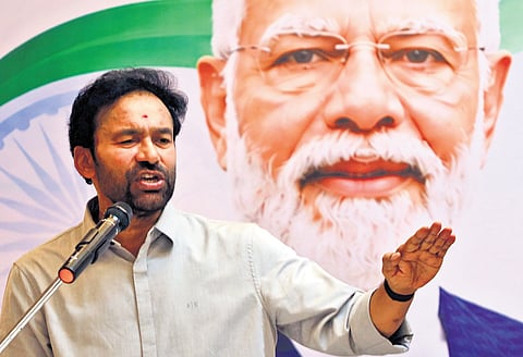 Union Coal & Mines Minister G Kishan Reddy speaks during a press conference at Film Nagar Cultural Centre in Hyderabad on Monday.