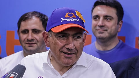 Armenian Prime Minister Nikol Pashinyan speaks at his Armenia Ruling Civil Contract party headquarters after parliamentary elections in Yerevan, Armenia, Monday, June 8, 2026.