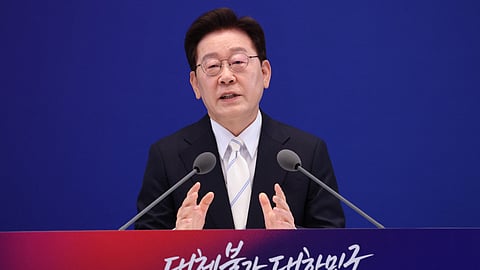 South Korean President Lee Jae Myung speaks during a press conference to mark the first anniversary of his inauguration at Yeongbingwan of Blue House on June 08, 2026 in Seoul, South Korea.