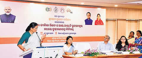 Deputy CM Pravati Parida speaking at the Mou-signing event on Monday.