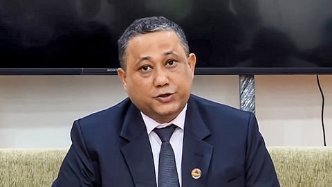 Nepal Foreign Minister Shisir Khanal addresses a press conference, in New Delhi, Sunday, June 7, 2026
