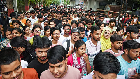 In this photo from May 04, 2026, aspirants leave the examination centre after appearing for the National Eligibility Entrance Test Undergraduate (NEET UG) exam, in Patna.