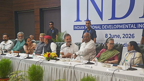 Lok Sabha LoP Rahul Gandhi, Congress President Mallikarjun Kharge, party MP Sonia Gandhi, TMC supremo Mamata Banerjee and others during the INDIA bloc meeting, iat Constitution Club, on Monday.