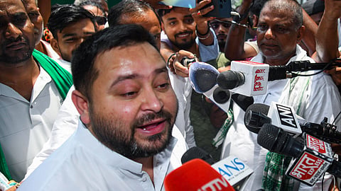 Rashtriya Janata Dal (RJD) leader and Bihar Assembly LoP Tejashwi Yadav speaks to the media over the withdrawal of Z+ security cover from RJD leaders Lalu Prasad and Rabri Devi in Patna on Tuesday, June 9, 2026.