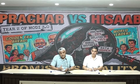 Congress leaders Rajeev Gowda (L) and Amitabh Dubey (R) address a press briefing at the party headquarters in Delhi, Tuesday, June 9, 2026.