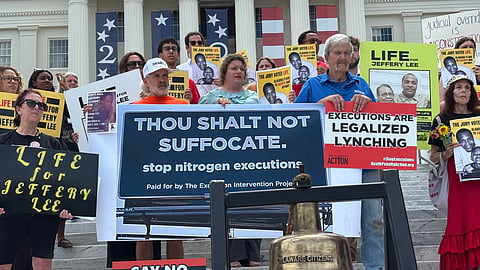 Protesters gather outside the Capitol in Montgomery, Ala., on Monday, June 8, 2026, to oppose an upcoming execution in Alabama.