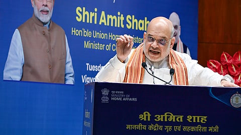 Union Home Minister and Minister of Cooperation Amit Shah speaks during the inauguration of the Land Port Management System (LPMS) at Vigyan Bhawan, in New Delhi on Tuesday.