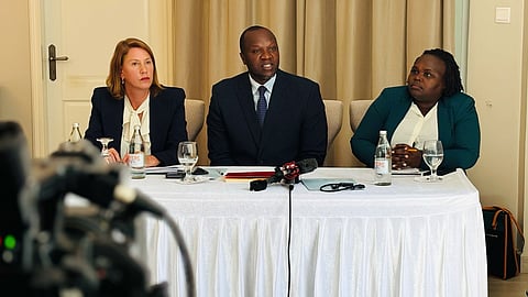 Lawyers Antonio Mulvay, left, and Willis Otieno, center, who are part of the legal team filing a law suit against Sudan's Rapid Support Forces (RSF) on behalf of Sudanese torture victims, speak to the media in Nairobi, Tuesday June 9, 2026.