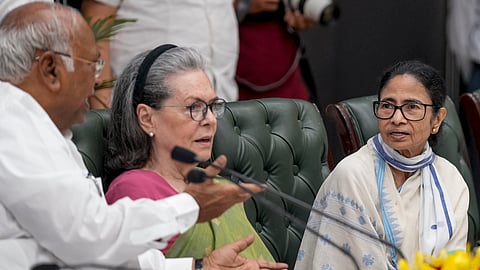 Congress President Mallikarjun Kharge, party MP Sonia Gandhi and TMC supremo Mamata Banerjee during the INDIA bloc meeting, in New Delhi, Monday, June 8, 2026.