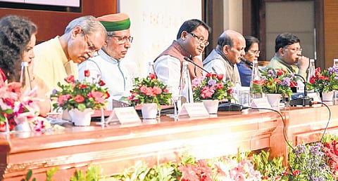 Chief Minister Mohan Majhi, Union minister Arjun Ram Meghwal, deputy CMs KV Singh Deo and Pravati Parida, and state BJP president Manmohan Samal at the media-conference