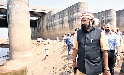 Irrigation Minister N Uttam Kumar Reddy inspects the ongoing works of Ground Penetrating Radar tests at Medigadda in Bhupalapally district on Wednesday