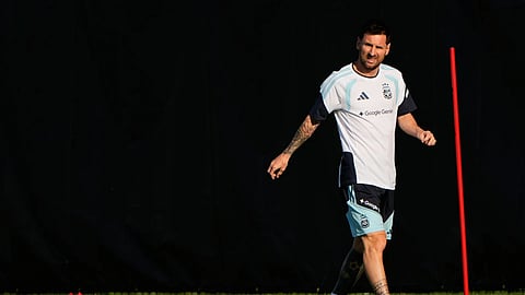 Argentina forward Lionel Messi works out during practice for the FIFA World Cup soccer Wednesday, June 3, 2026.in Kansas City, Kan.