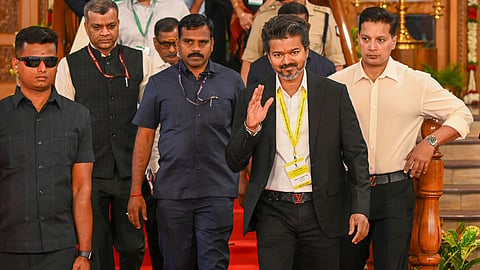 Tamil Nadu Chief Minister C Joseph Vijay leaves for the NITI Aayog Governing Council meeting from Tamil Nadu House, in New Delhi, Thursday, June 11, 2026.