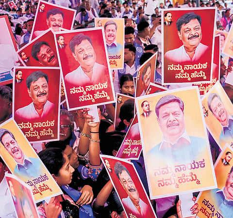 Members of Karnataka State Federation of Dalit Organisations protest at Freedom Park in Bengaluru on Thursday, demanding that senior Congress MLA HC Mahadevappa be made a minister in the DK Shivakumar cabinet.